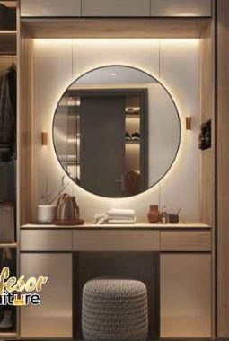 Custom Lemari Pakaian Depok dengan meja rias vanity mirror & lampu LED