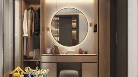 Custom Lemari Pakaian Depok dengan meja rias vanity mirror & lampu LED