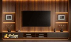 Custom Backdrop TV Terdekat Tangerang material HPL corak kayu alami