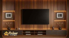 Custom Backdrop TV Terdekat Tangerang material HPL corak kayu alami