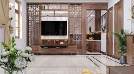 Custom partisi ruangan Jakarta dengan rak TV multifungsi modern