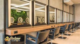 Meja barbershop Minimalis Tangerang dengan cermin LED dan laci penyimpanan