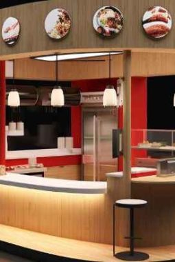 Stand makanan kekinian untuk jualan di mall kombinasi plywood HPL