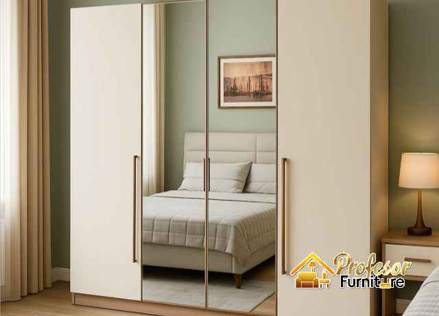 Lemari pakaian minimalis Bekasi Timur dengan cermin full body hemat tempat.