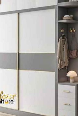 Lemari pakaian pintu geser Depok dengan cermin full body dan laci tersembunyi