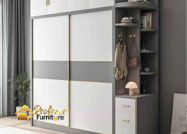 Lemari pakaian pintu geser Depok dengan cermin full body dan laci tersembunyi