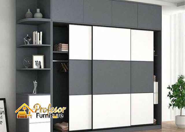 Lemari pakaian pintu geser Depok dengan cermin full body dan laci tersembunyi