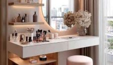 Bikin custom meja rias minimalis Depok Plus LED Mewah