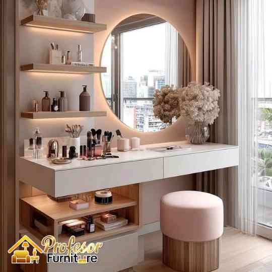 Bikin custom meja rias minimalis Depok Plus LED Mewah