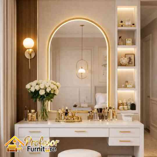 Bikin custom meja rias minimalis Depok Plus LED Mewah