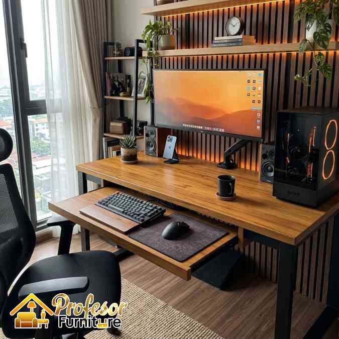 Jasa Custom Meja komputer minimalis Bekasi Timur laci keyboard