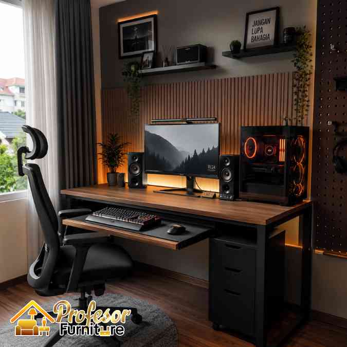 Jasa Custom Meja komputer minimalis Bekasi Timur laci keyboard