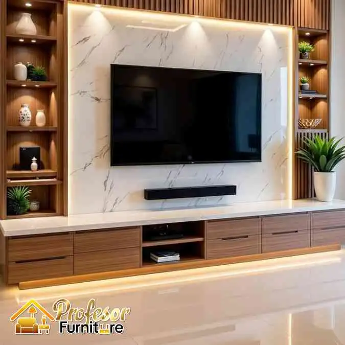 Jasa custom meja tv minimalis Jakarta finishing premium elegan